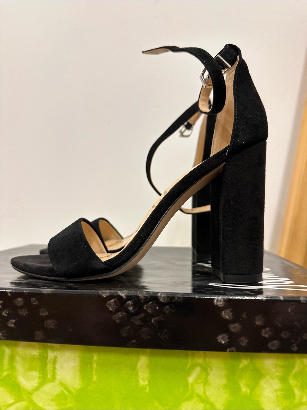 Delman Black Suede Block Heel Ankle-Strap Sandals